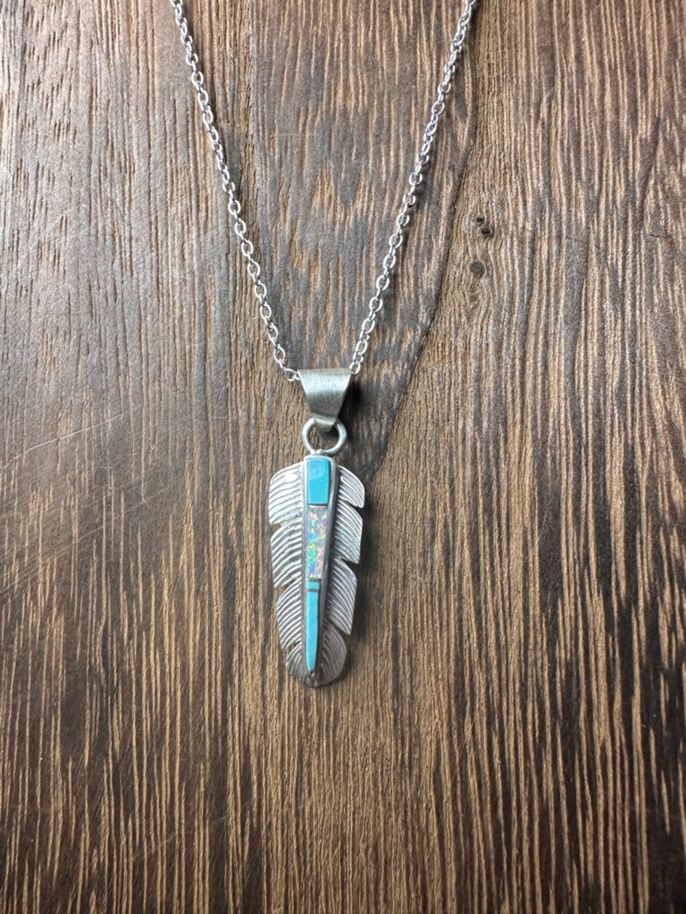 Sterling Silver Feather Pendant Necklace with Turquoise and Opal Inlay in Chain - Picture 6 of 11